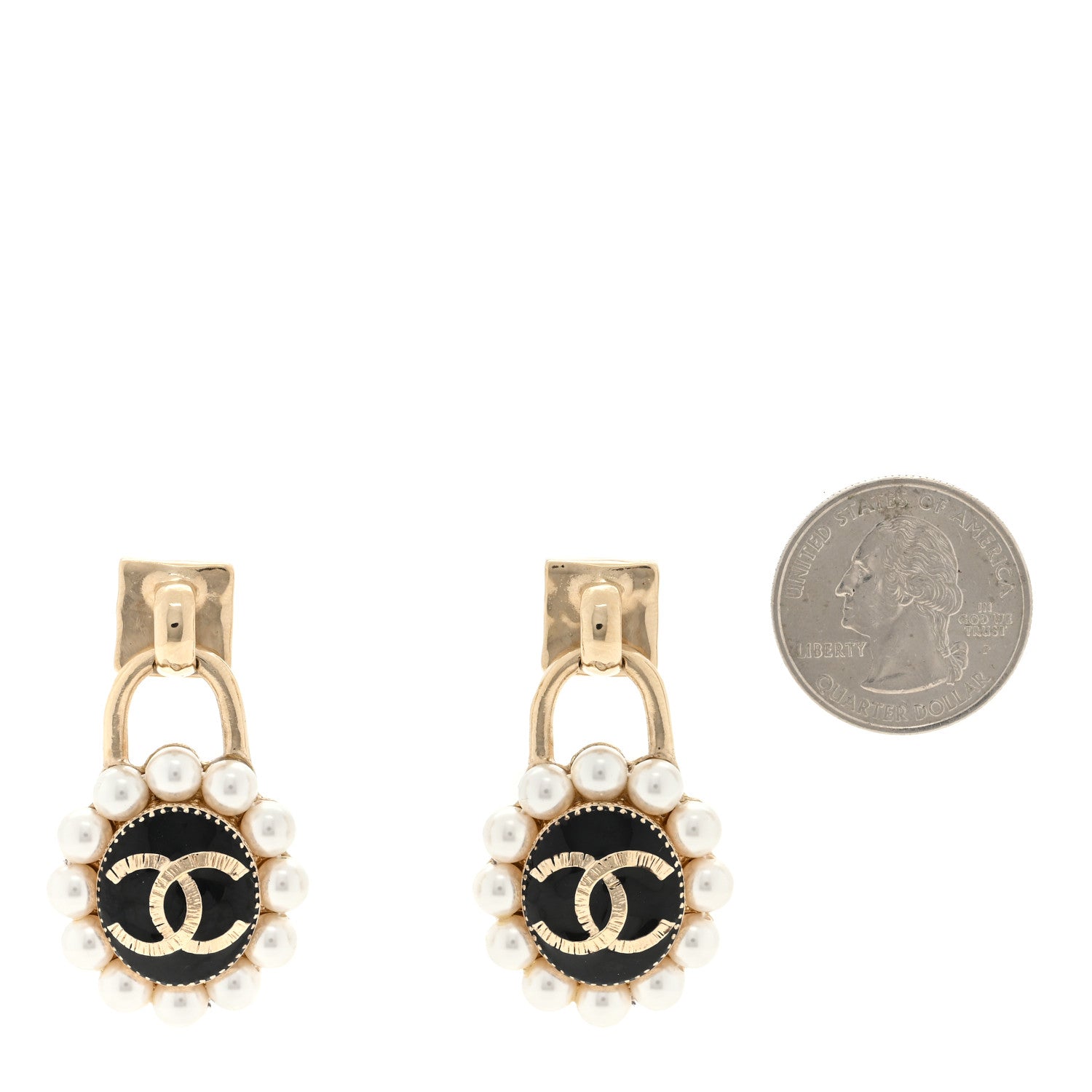 Chanel Pearl CC Drop Earrings Gold White Black 2 of 4