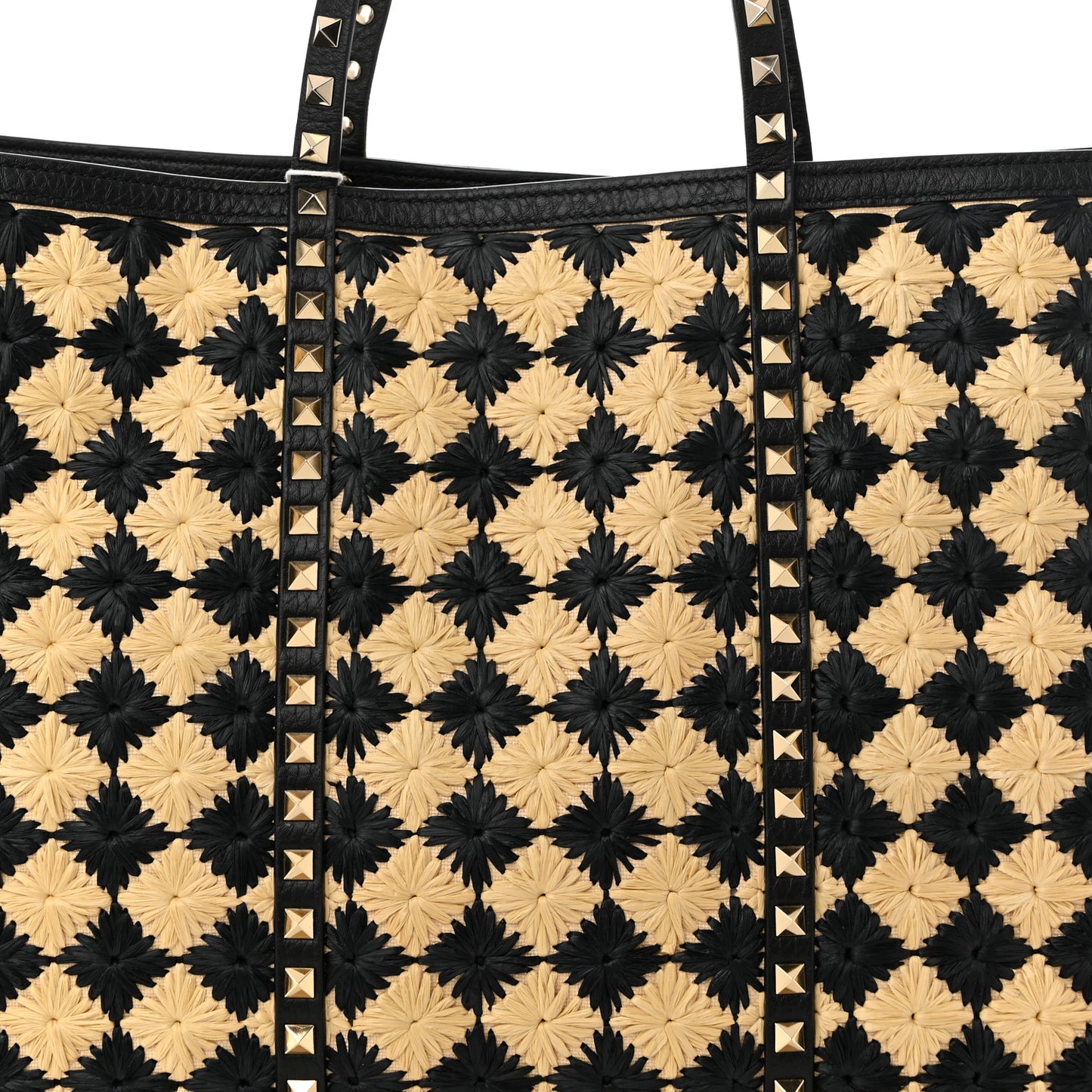 Raffia Embroidered Checkered Calfskin Rockstud Shopping Tote Natural Black