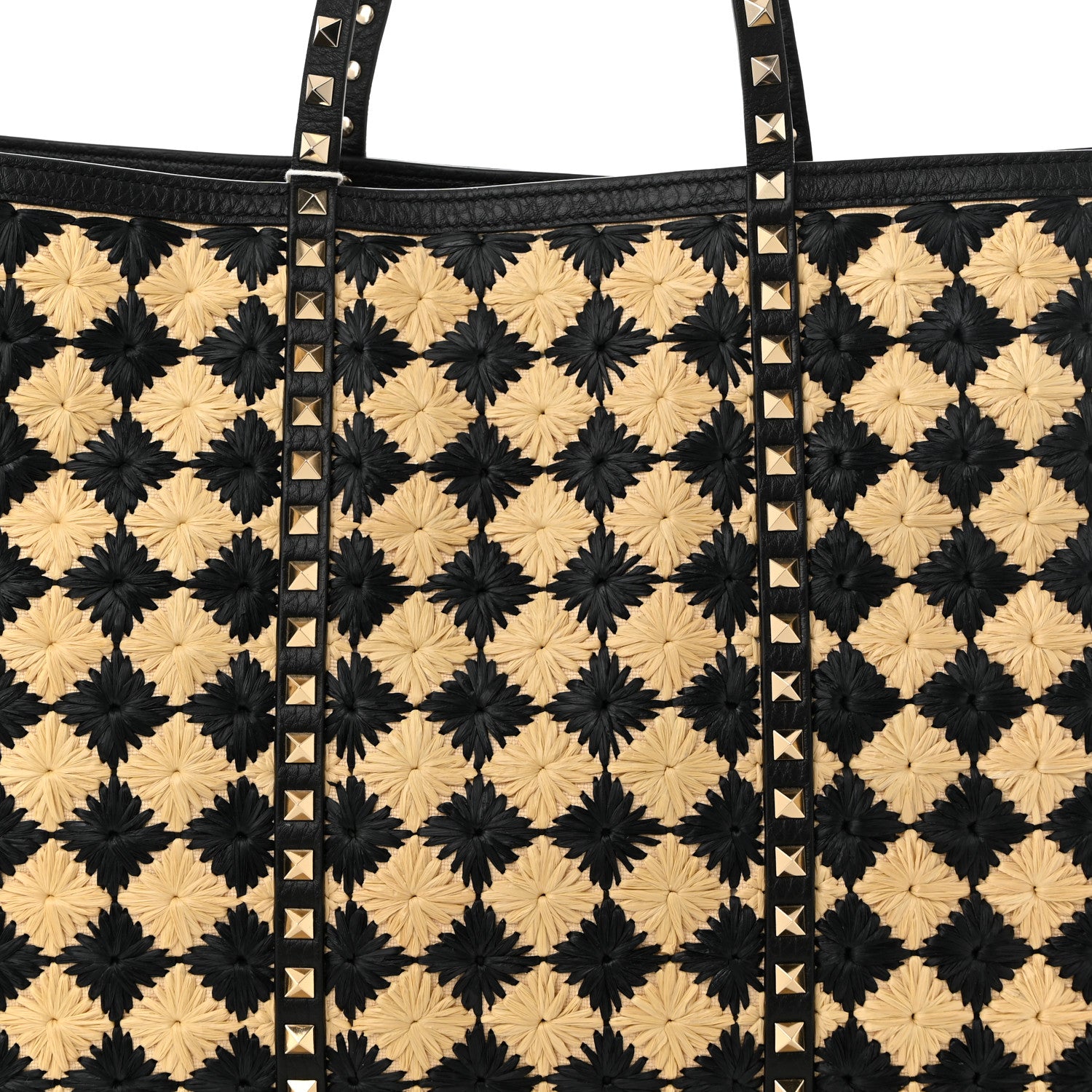 Valentino Garavani Raffia Embroidered Checkered Calfskin Rockstud Shopping Tote Natural Black 8 of 10