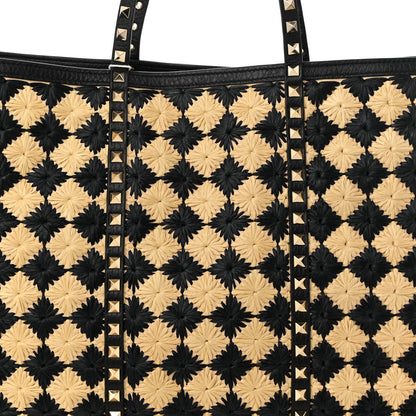 Valentino Garavani Raffia Embroidered Checkered Calfskin Rockstud Shopping Tote Natural Black 8 of 10