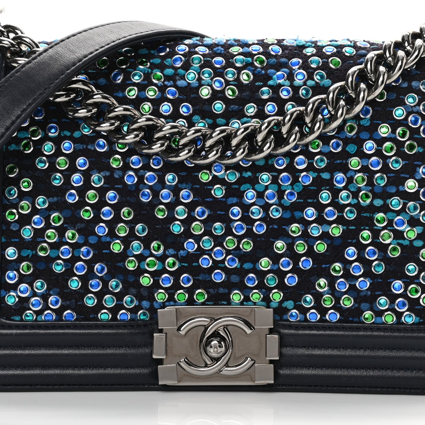 Tweed Crystal Calfskin Chevron Medium Boy Flap Blue