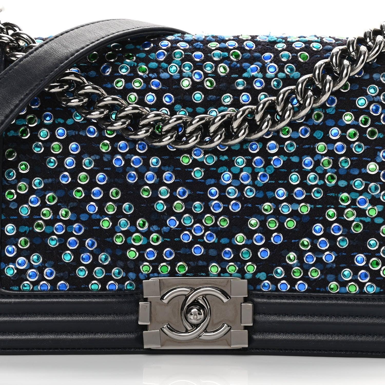 Chanel Tweed Crystal Calfskin Chevron Medium Boy Flap Blue 8 of 18