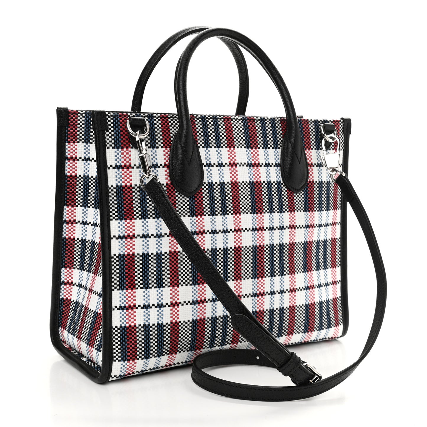 Canvas Plaid ICCUG Embroidered Small Tote Bag Black White Red Blue Smile Yellow