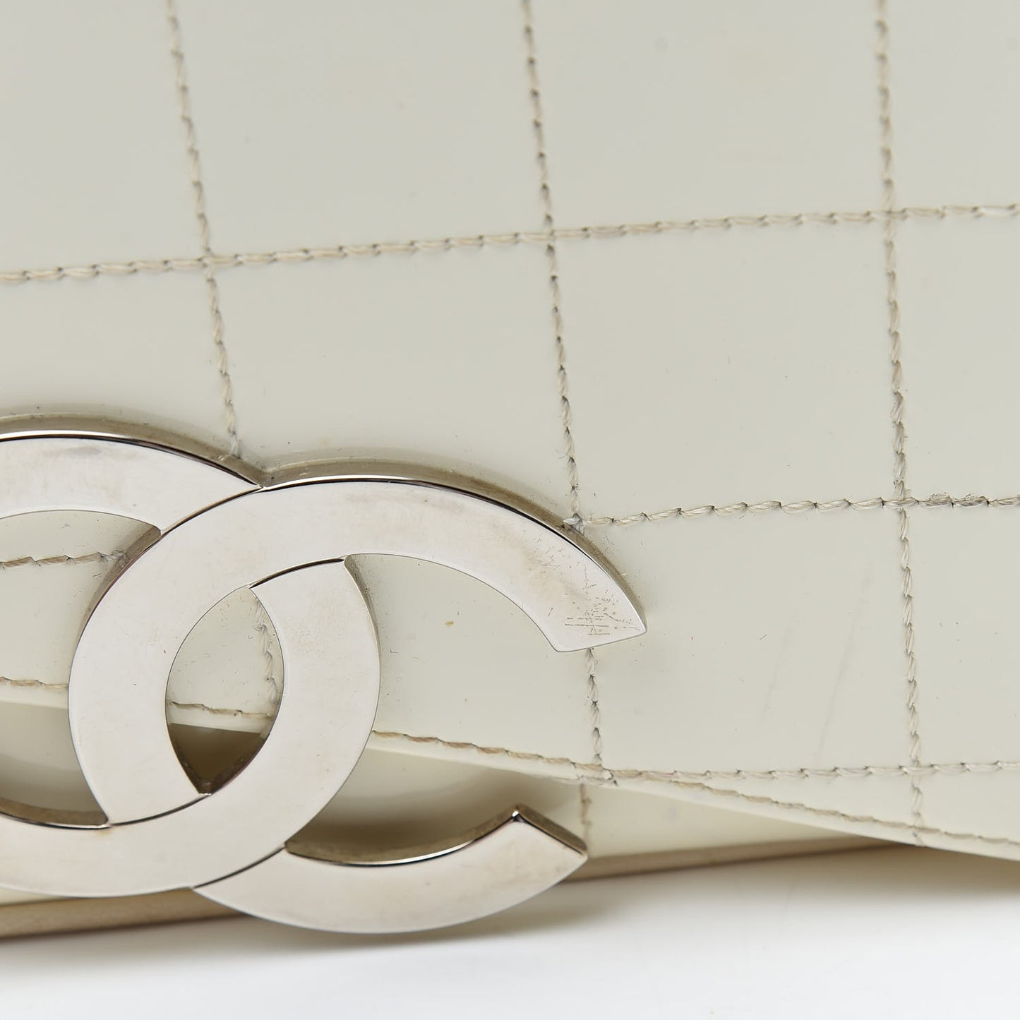 Patent Square Stitched CC Flap Clutch White