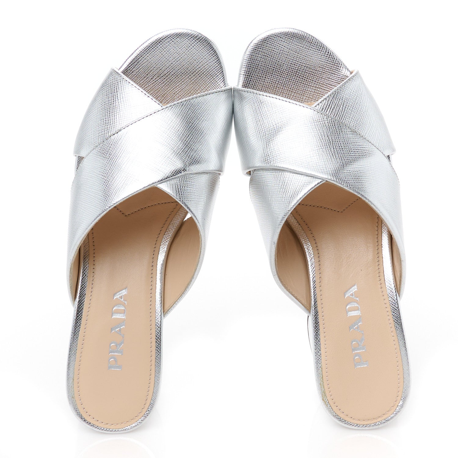 Prada Metallic Saffiano Crisscross Platform Sandals Silver 34.5 5 of 9