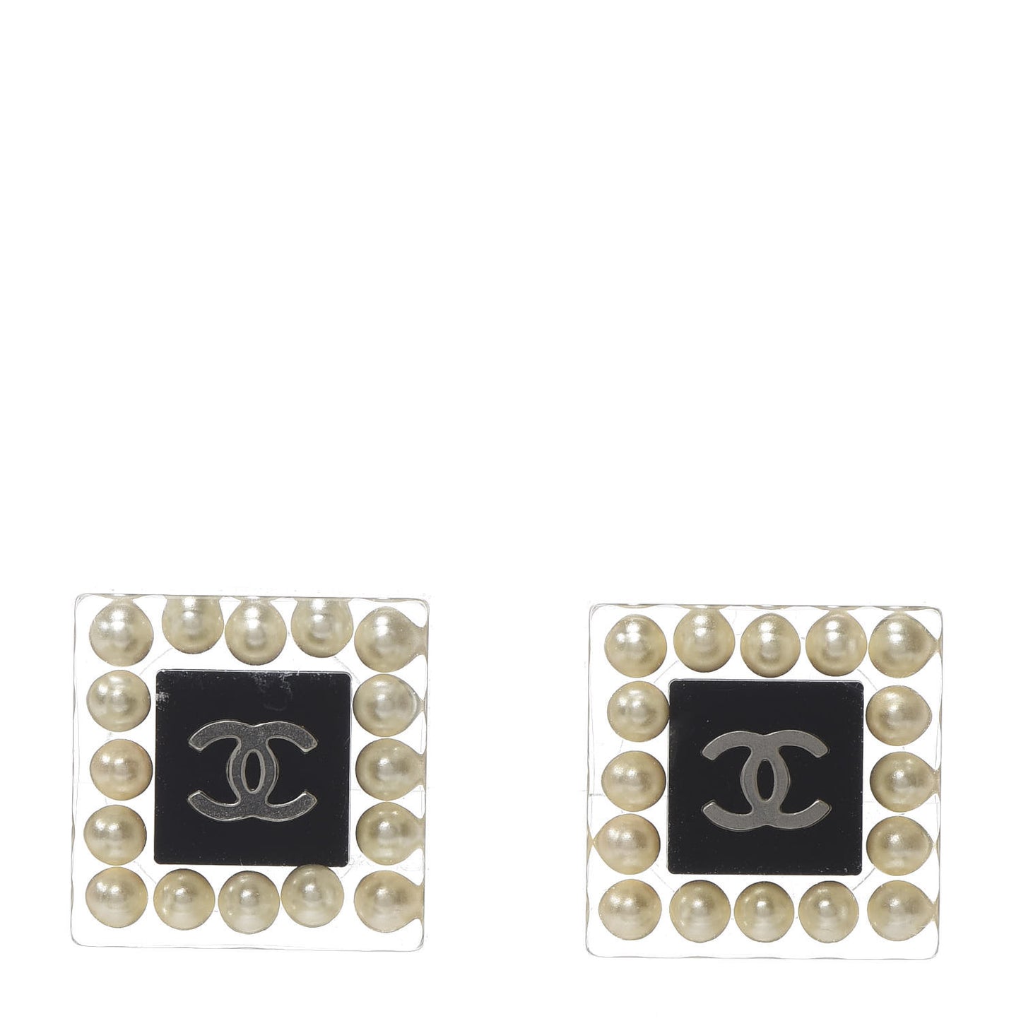 Pearl Resin Square CC Earrings Black Transparent