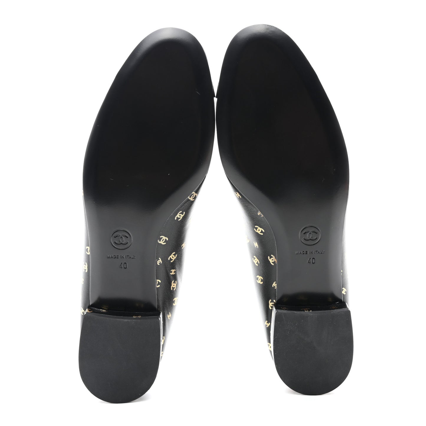 Lambskin Patent Calfskin Printed CC Cap Toe Ballerina Flats 40 Black Gold