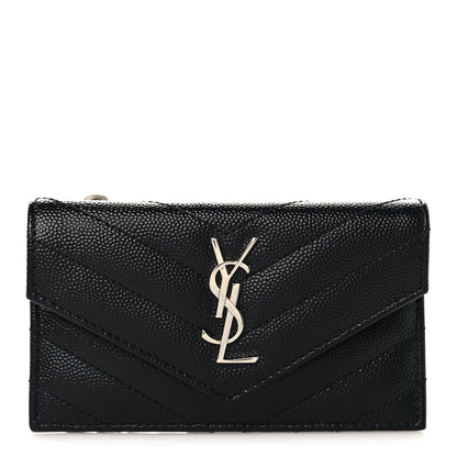 Saint Laurent Grain De Poudre Matelasse Chevron Monogram Compact Wallet Black 1 of 7