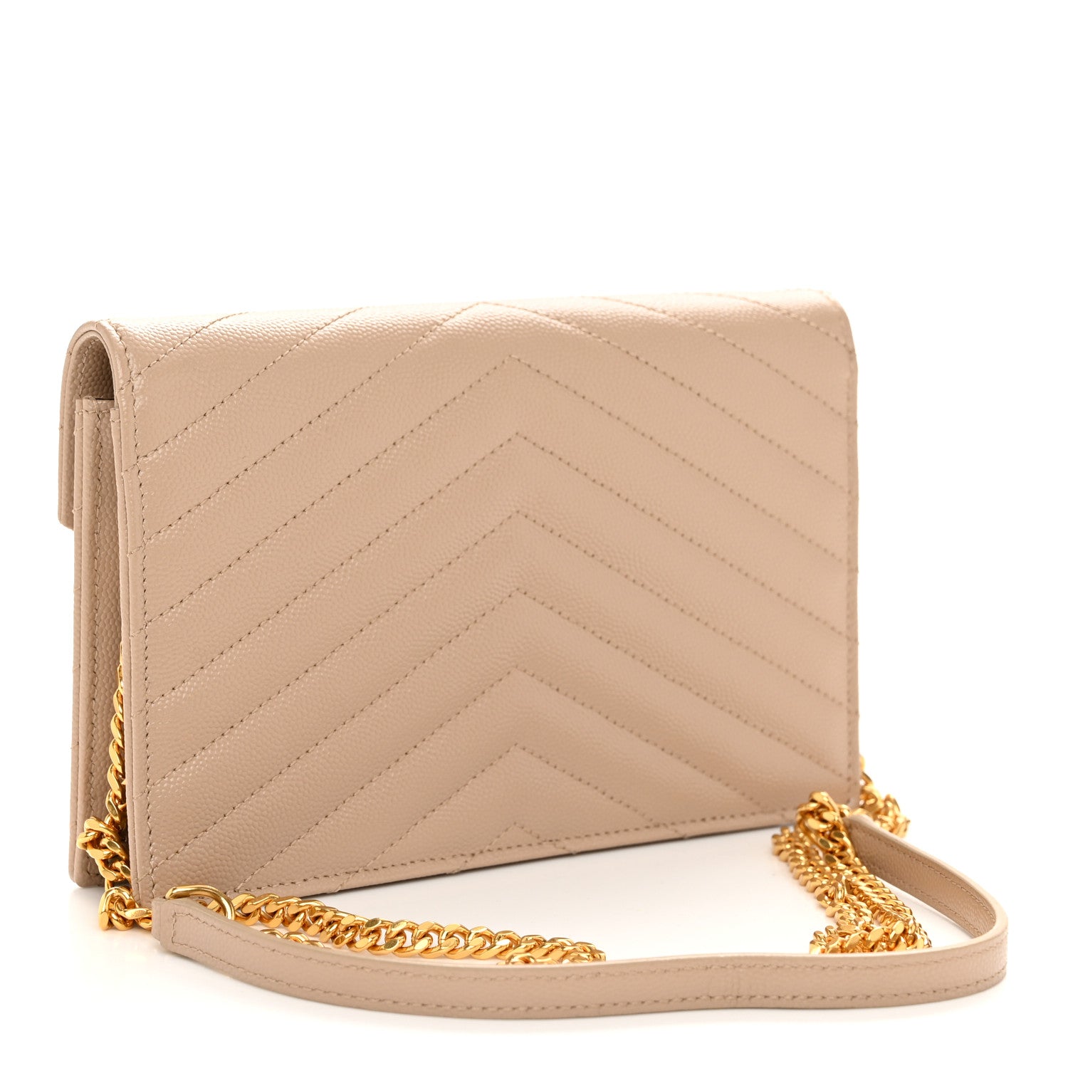 Saint Laurent Grain De Poudre Matelasse Chevron Monogram Envelope Chain Wallet Dark Beige 3 of 10