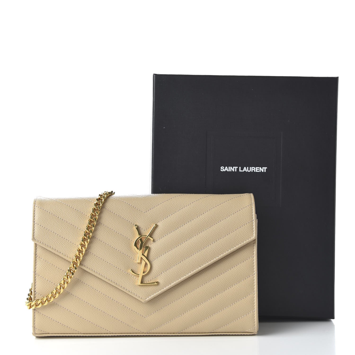 Saint Laurent Grain De Poudre Matelasse Chevron Monogram Chain Wallet Nude Powder 10 of 10