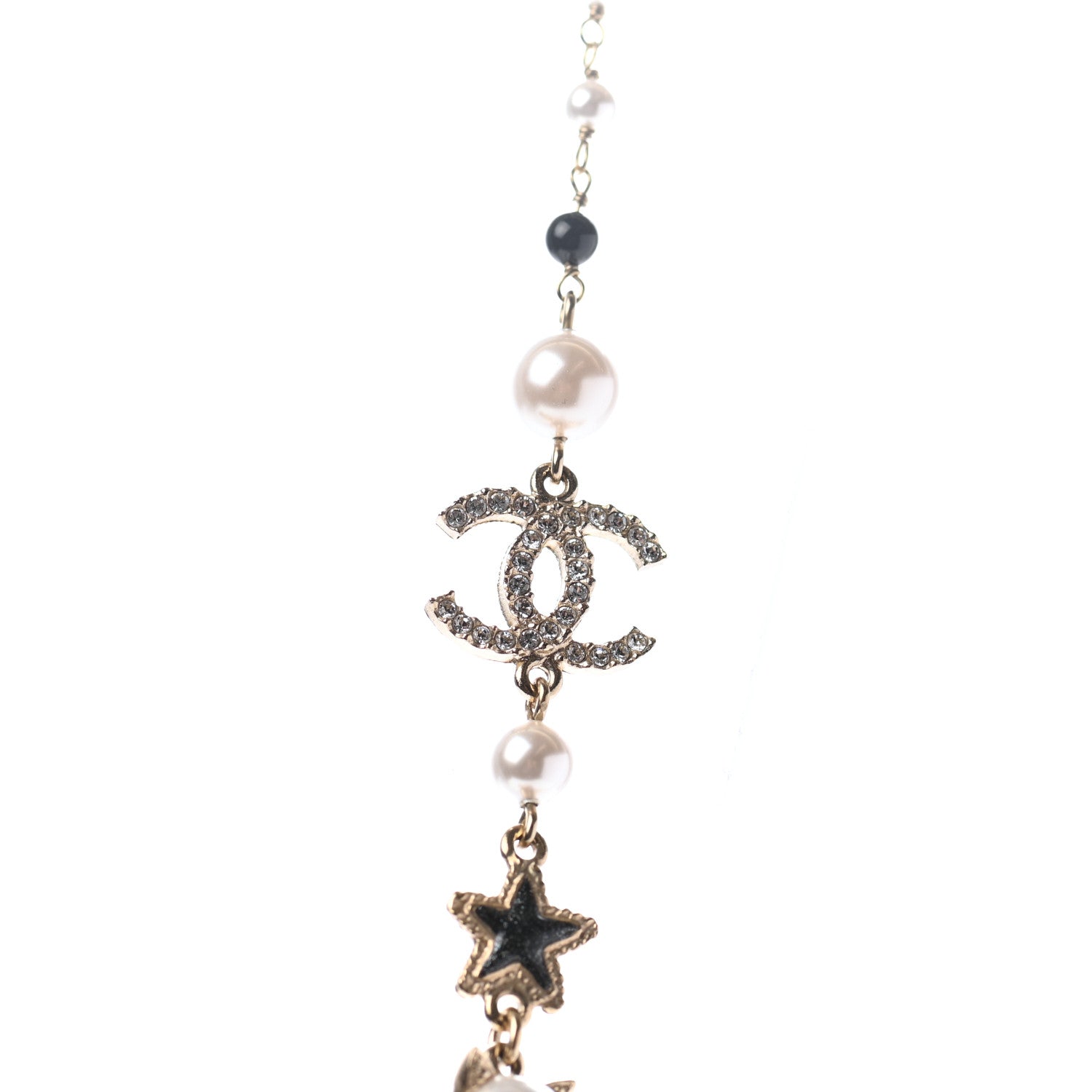 Chanel Pearl Crystal Poured Glass CC Star Moon Necklace Gold Black Multicolor 4 of 6