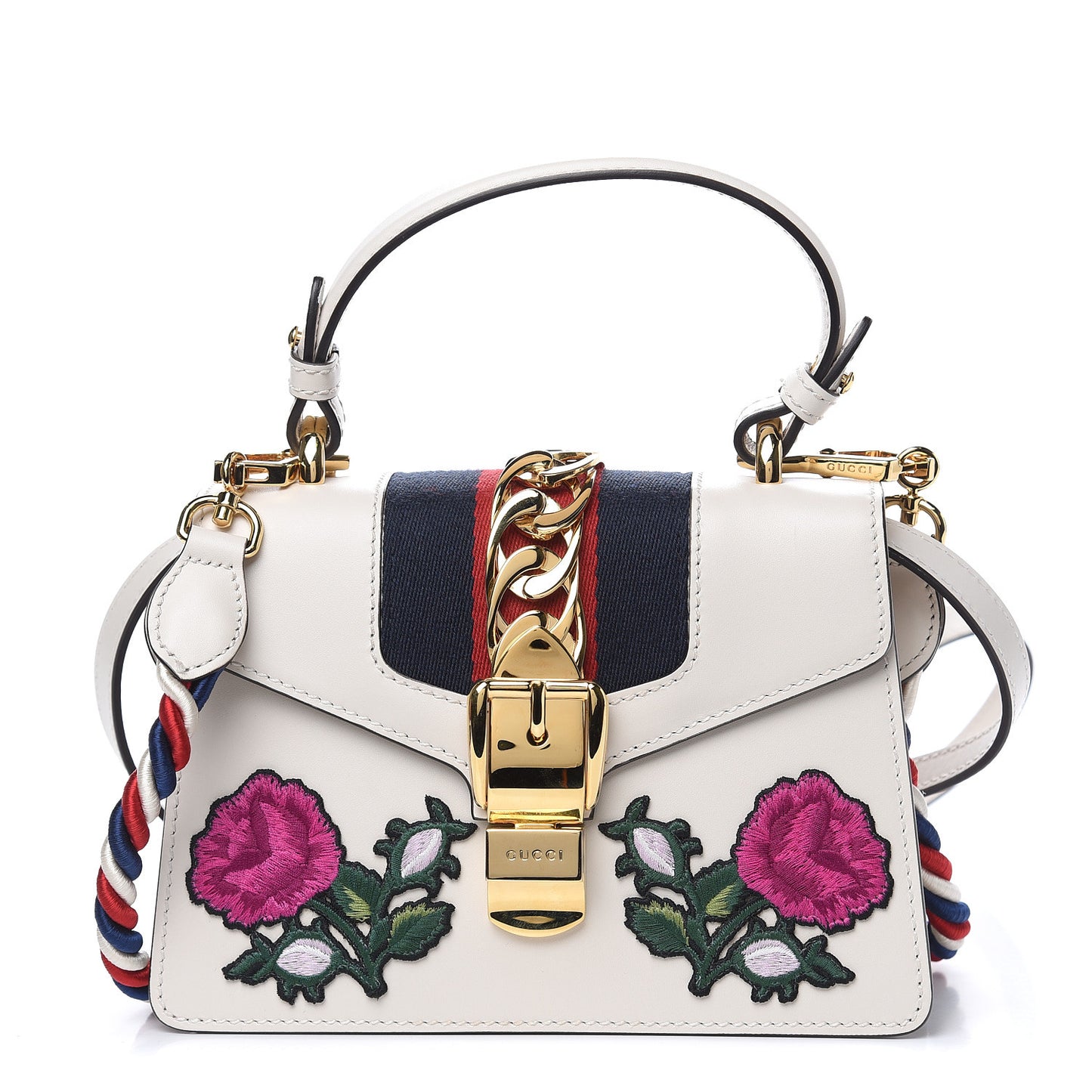 Calfskin Embroidered Mini Sylvie Top Handle Bag White