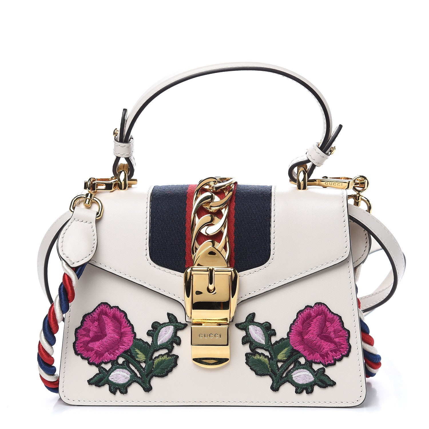 Gucci Calfskin Embroidered Mini Sylvie Top Handle Bag White 1 of 9
