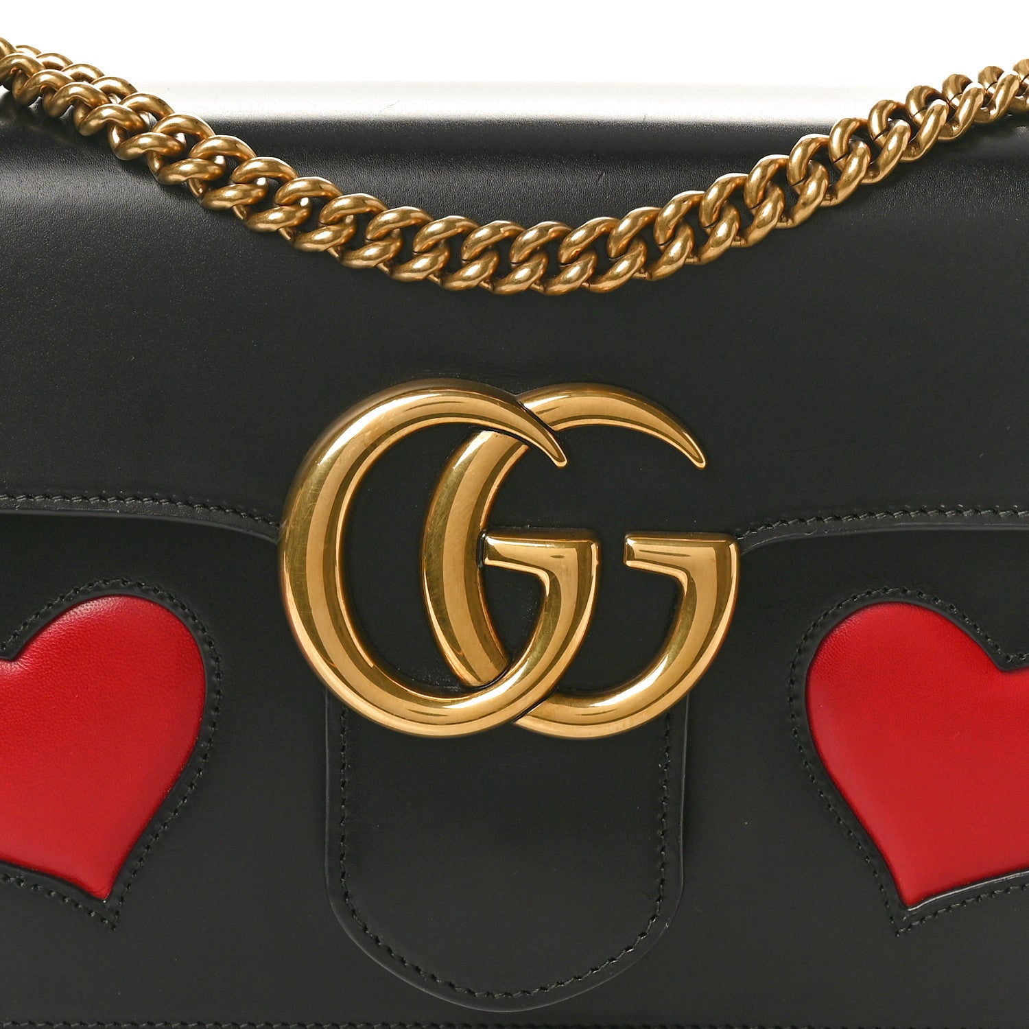 Gucci Knight Calfskin Malaga Kid Heart Medium GG Marmont Chain Handle Bag Black Hibiscus Red Multicolor 8 of 10