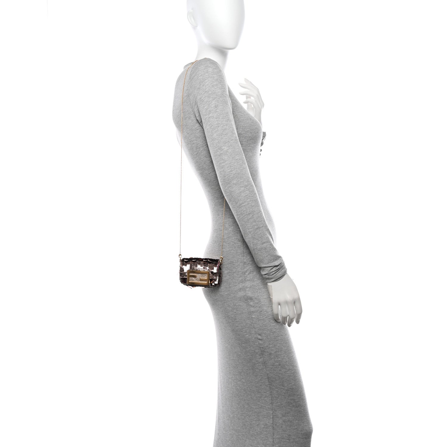 Fendi Sequin Paillettes Shiny Nappa Sex and the City Nano Maxi Buckle Baguette Charm Tortora 2 of 13