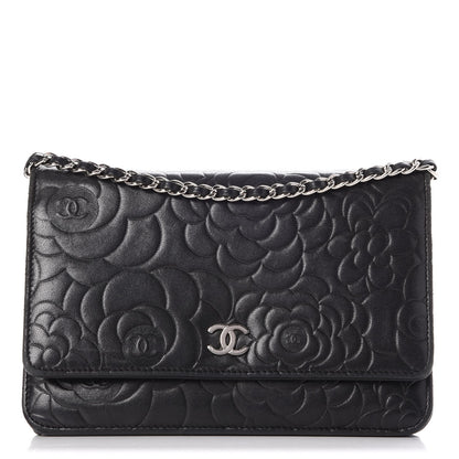 Chanel Lambskin Camellia Embossed Wallet on Chain WOC Black 1 of 17