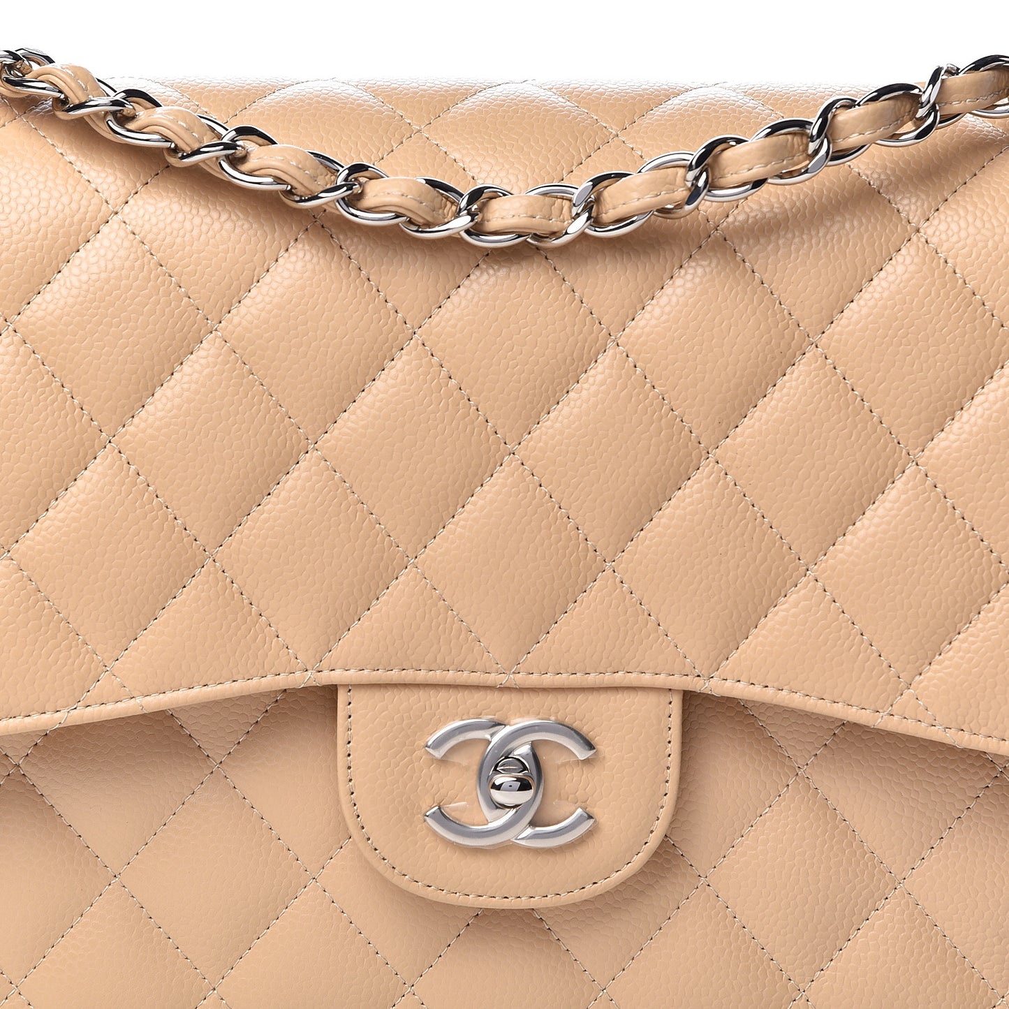 Caviar Quilted Jumbo Double Flap Beige Clair