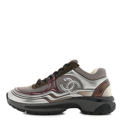 Chanel Fabric Laminated Calfskin Stretch CC Womens Sneakers 38 Khaki Silver Dark Purple 1 of 13