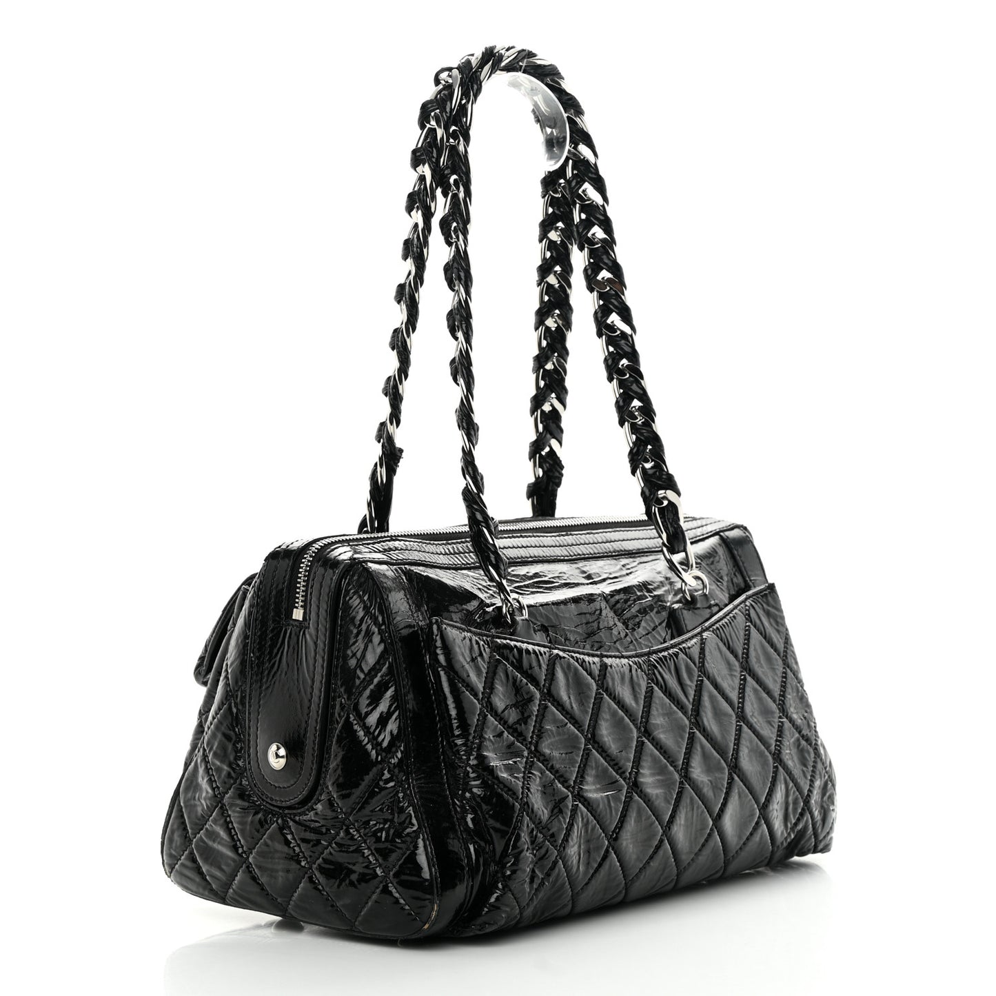 Patent Quilted Day Glo Flap Bag Black