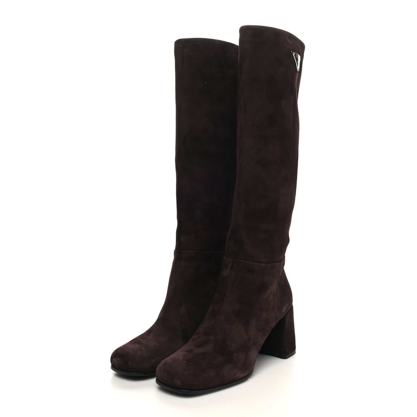 Suede Metal Triangle Logo Block Heel 65mm Knee Boots 39.5 Brown