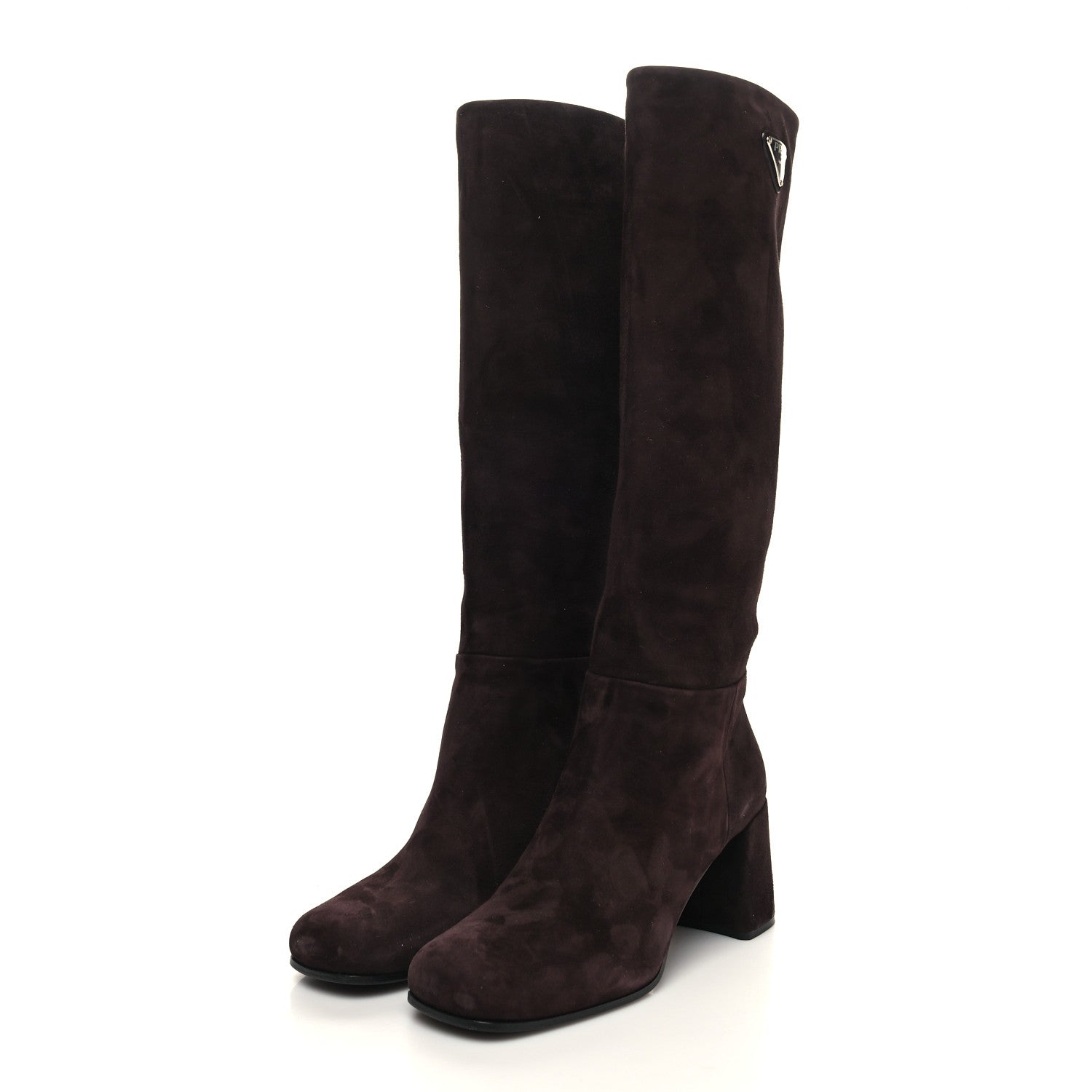 Prada Suede Metal Triangle Logo Block Heel 65mm Knee Boots 39.5 Brown 3 of 7