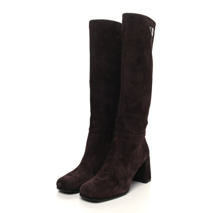 Prada Suede Metal Triangle Logo Block Heel 65mm Knee Boots 39.5 Brown 3 of 7