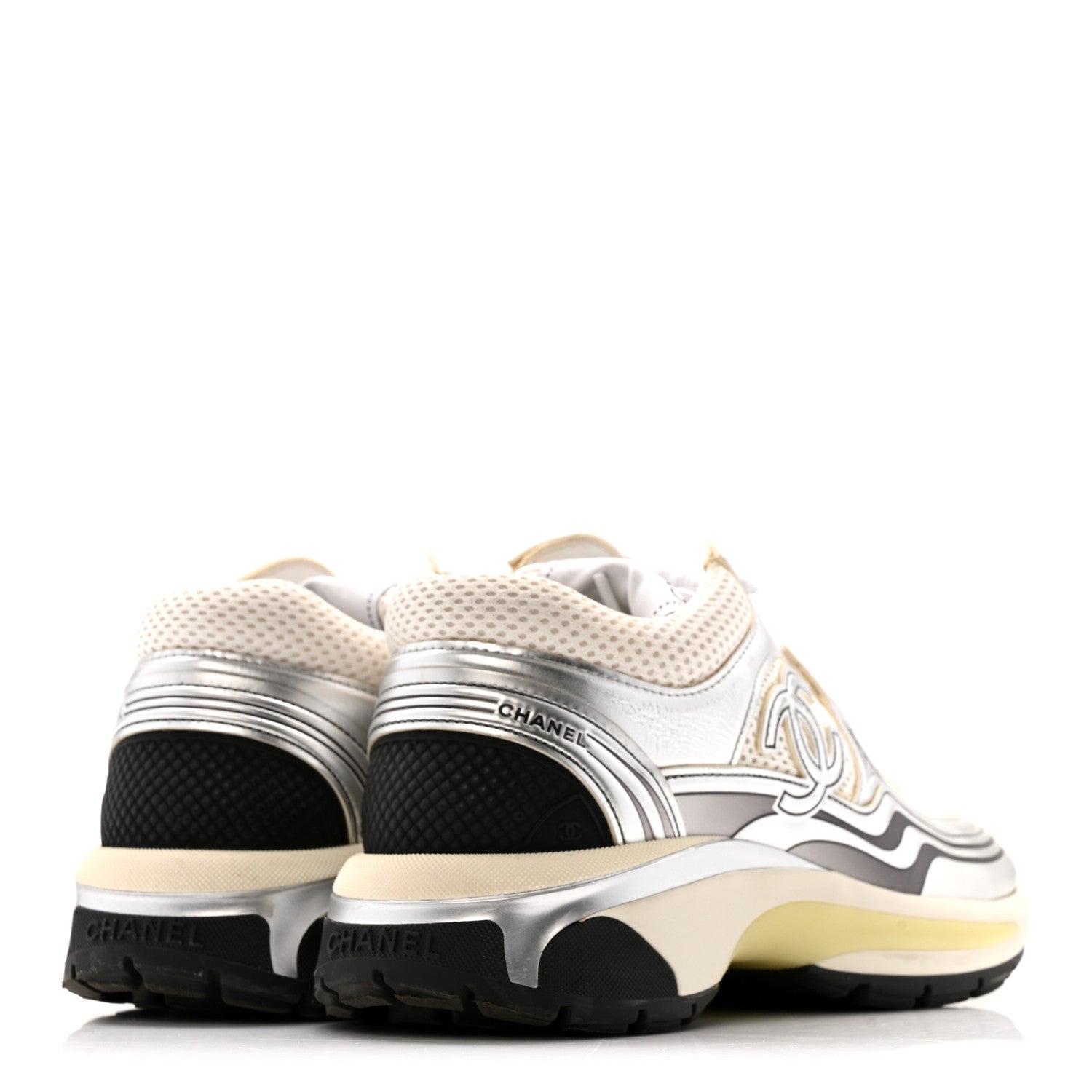 Chanel Fabric Laminated Calfskin Stretch CC Womens Sneakers 36 White Silver 5 of 12