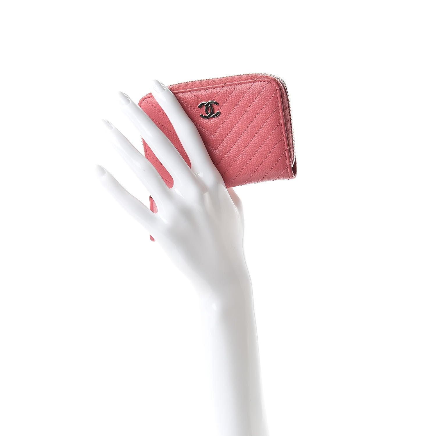 Chanel Caviar Chevron Quilted Zip Around Coin Purse Pink 2 of 11
