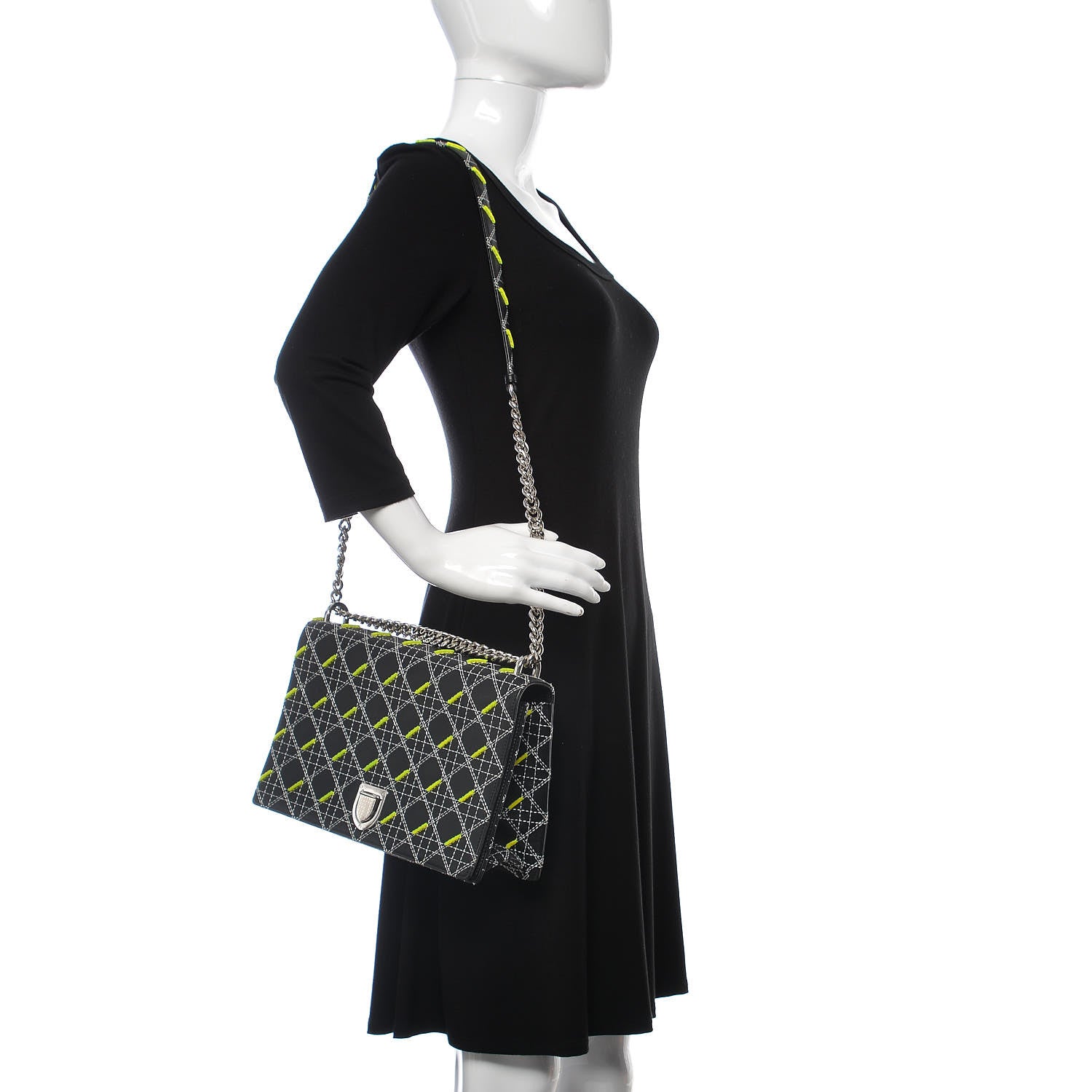 Christian Dior Calfskin Tufted Large Diorama Flap Bag Black Neon 2 of 9