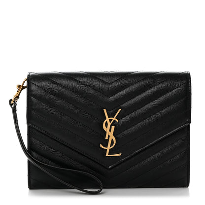 Saint Laurent Grain De Poudre Matelasse Chevron Monogram Envelope Clutch Black 1 of 7