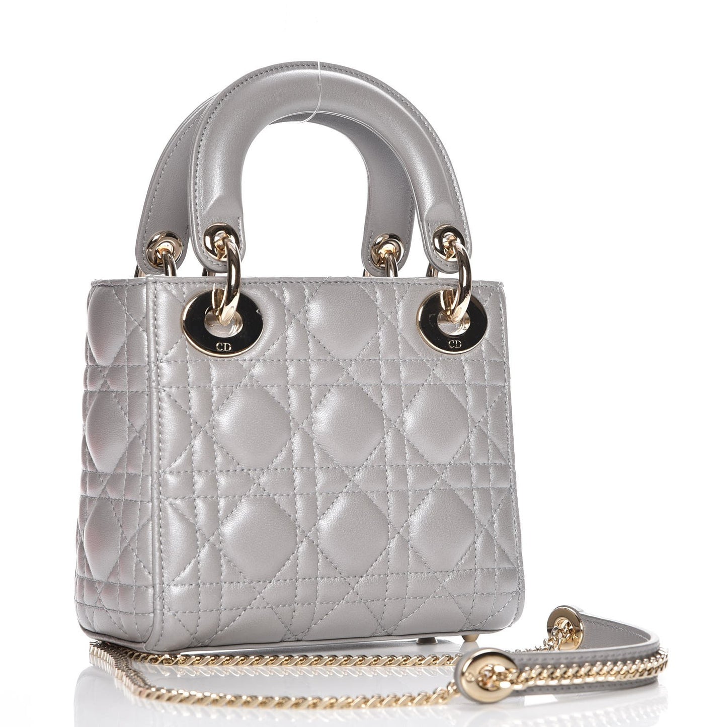 Metallic Lambskin Cannage Mini Lady Dior Grey