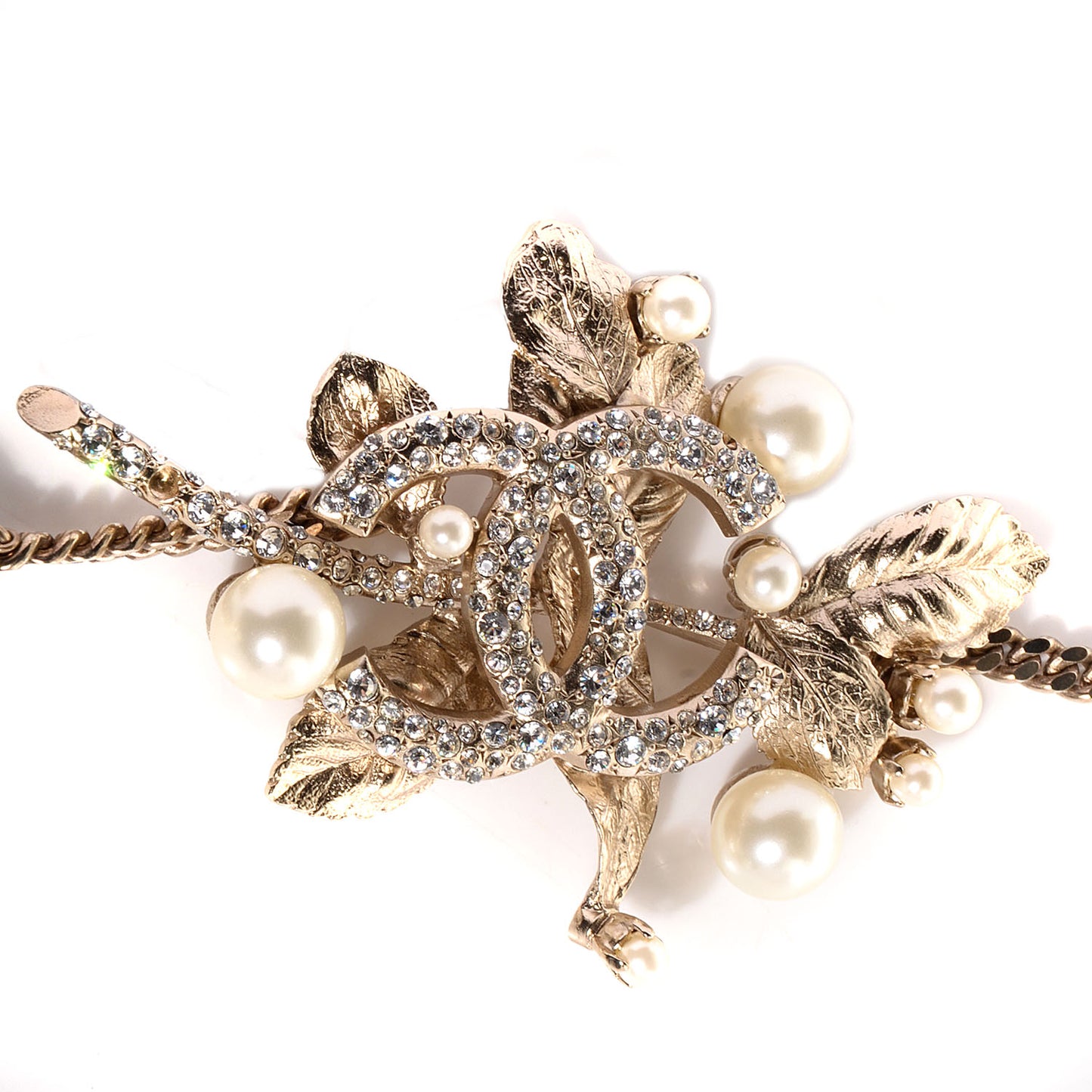 Crystal Pearl CC Leaf Necklace Gold