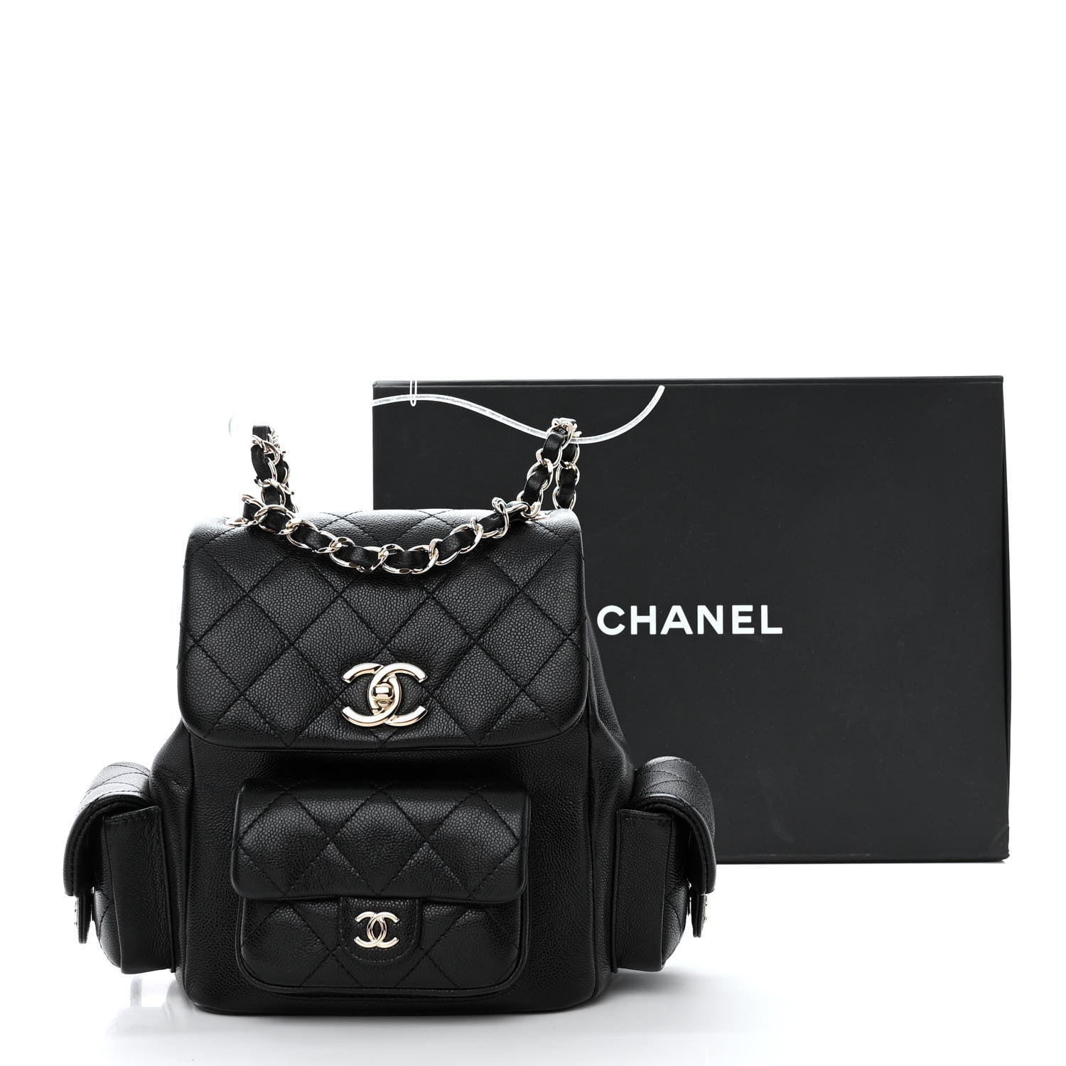 Chanel Shiny Caviar Quilted Small Pockets Drawstring Backpack Black 12 of 12