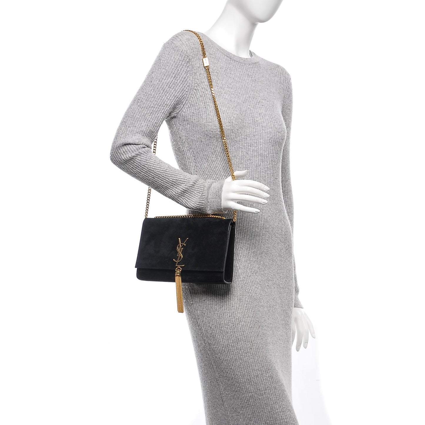 Suede Medium Classic Monogram Kate Tassel Satchel Black