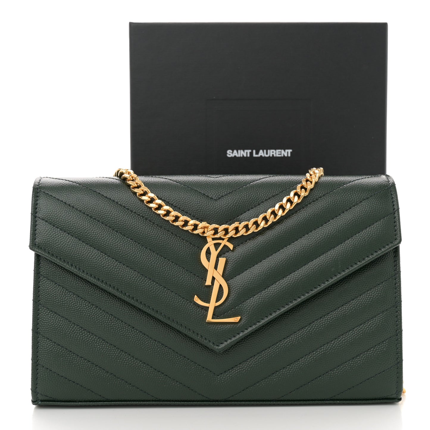 Grain De Poudre Matelasse Chevron Monogram Chain Wallet Vert Fonce