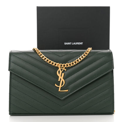 Saint Laurent Grain De Poudre Matelasse Chevron Monogram Chain Wallet Vert Fonce 12 of 12