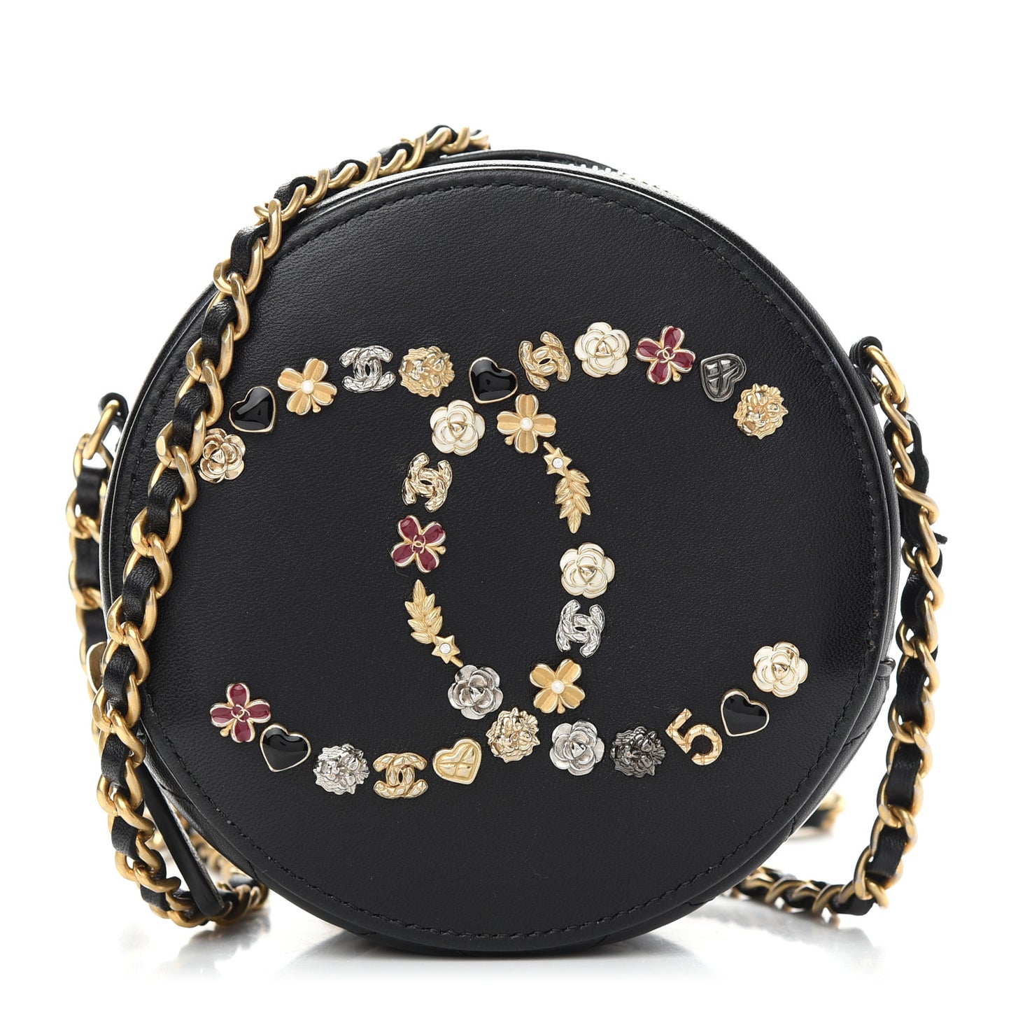 Lambskin Quilted Lucky Charms CC Round Clutch With Chain Black