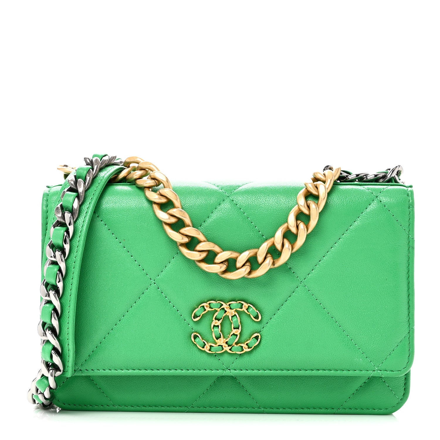 Chanel Shiny Goatskin Quilted Chanel 19 Wallet On Chain WOC Green 1 of 12