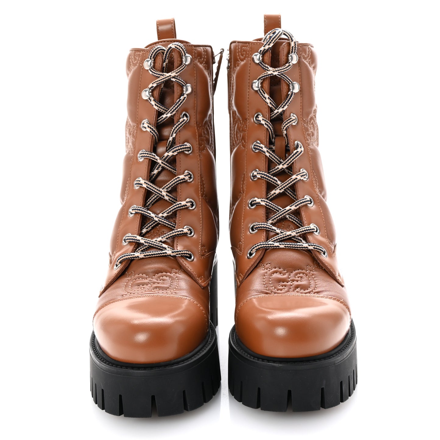 Cordovan Lux Nappa GG Matelasse Lace Up 60mm Combat Boots 36 Dark Hazel Brown