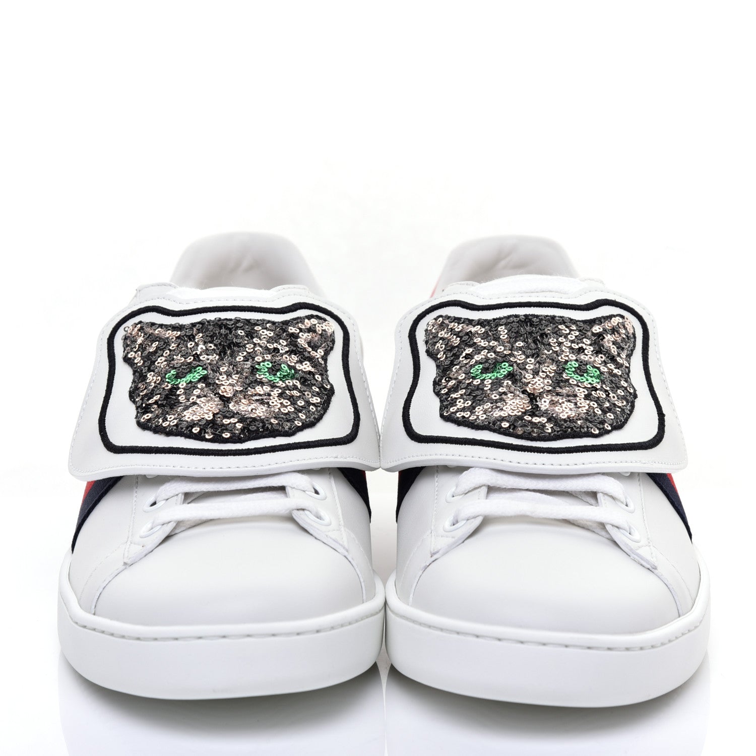 Gucci Calfskin Sequins Web Cat Womens Ace Sneakers 39.5 White 2 of 9