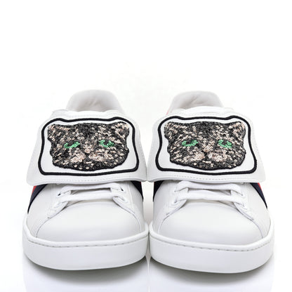 Gucci Calfskin Sequins Web Cat Womens Ace Sneakers 39.5 White 2 of 9