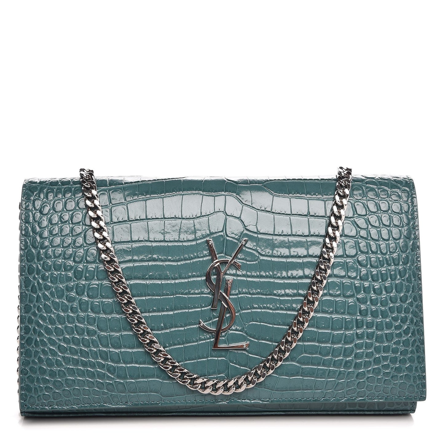Calfskin Crocodile Embossed Monogram Chain Wallet Water Green