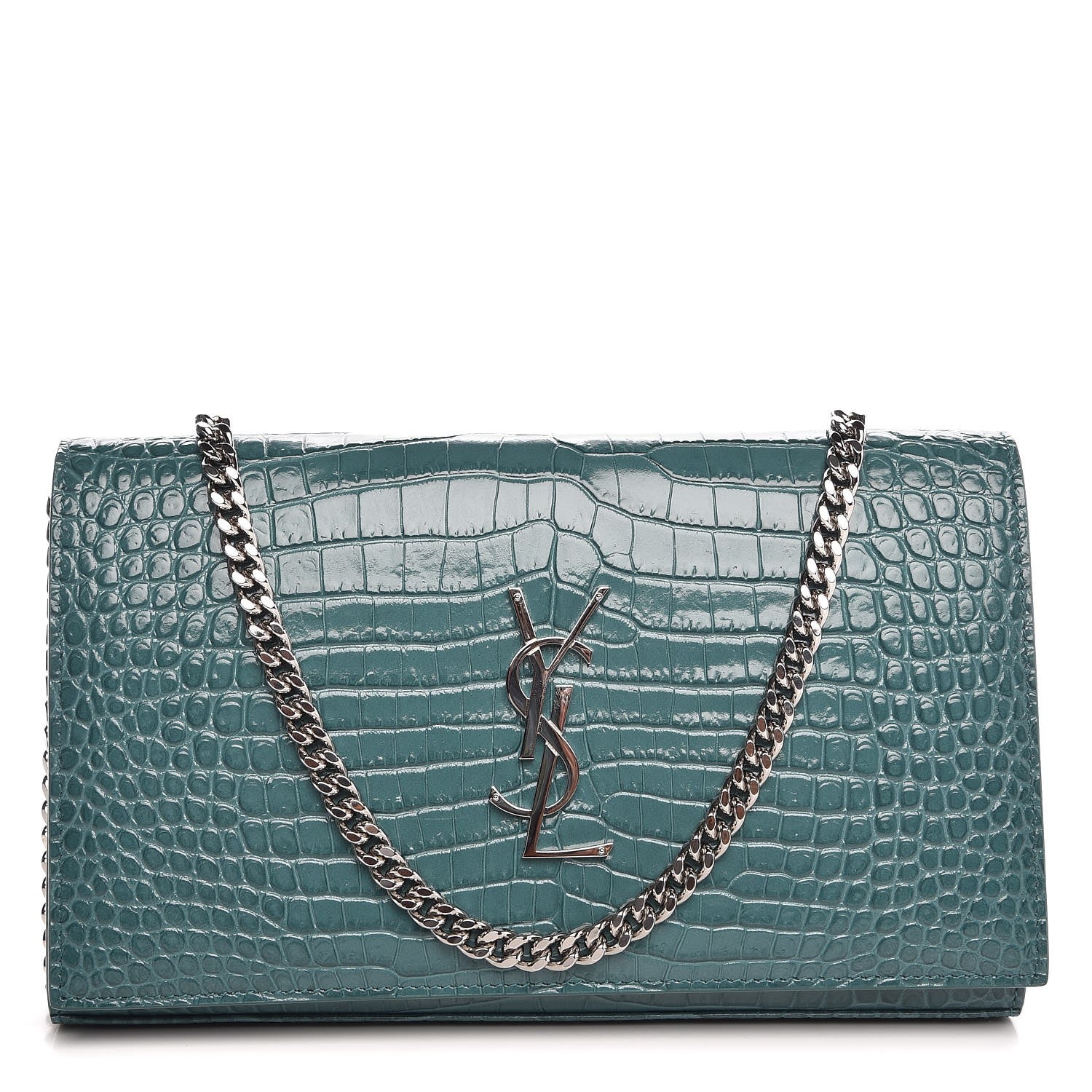 Saint Laurent Calfskin Crocodile Embossed Monogram Chain Wallet Water Green 1 of 9