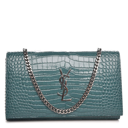 Saint Laurent Calfskin Crocodile Embossed Monogram Chain Wallet Water Green 1 of 9