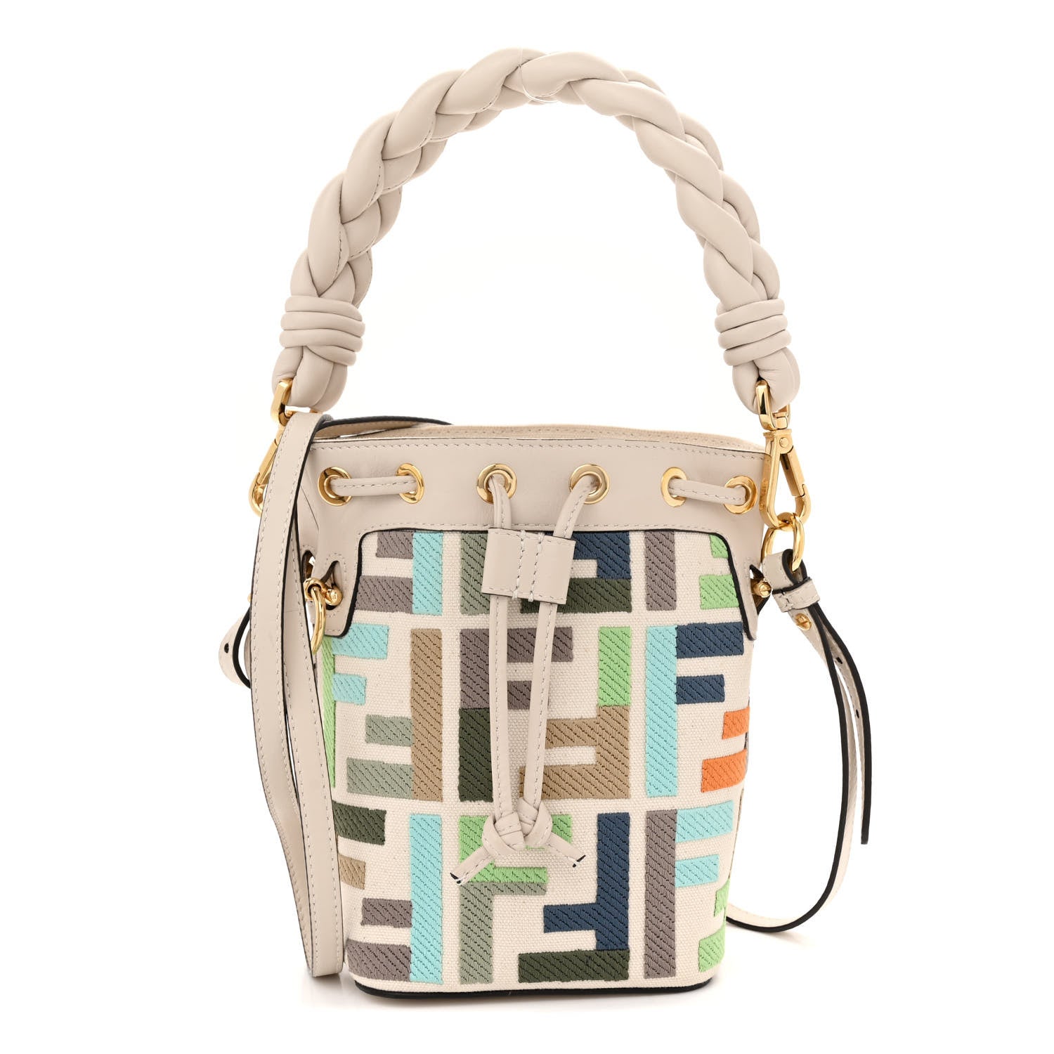 Fendi Canvas Vitello Grace F is Fendi FF Multicolor Embroidered Mini Mon Tresor Bucket Bag Grezzo Multicolor Latte 1 of 13