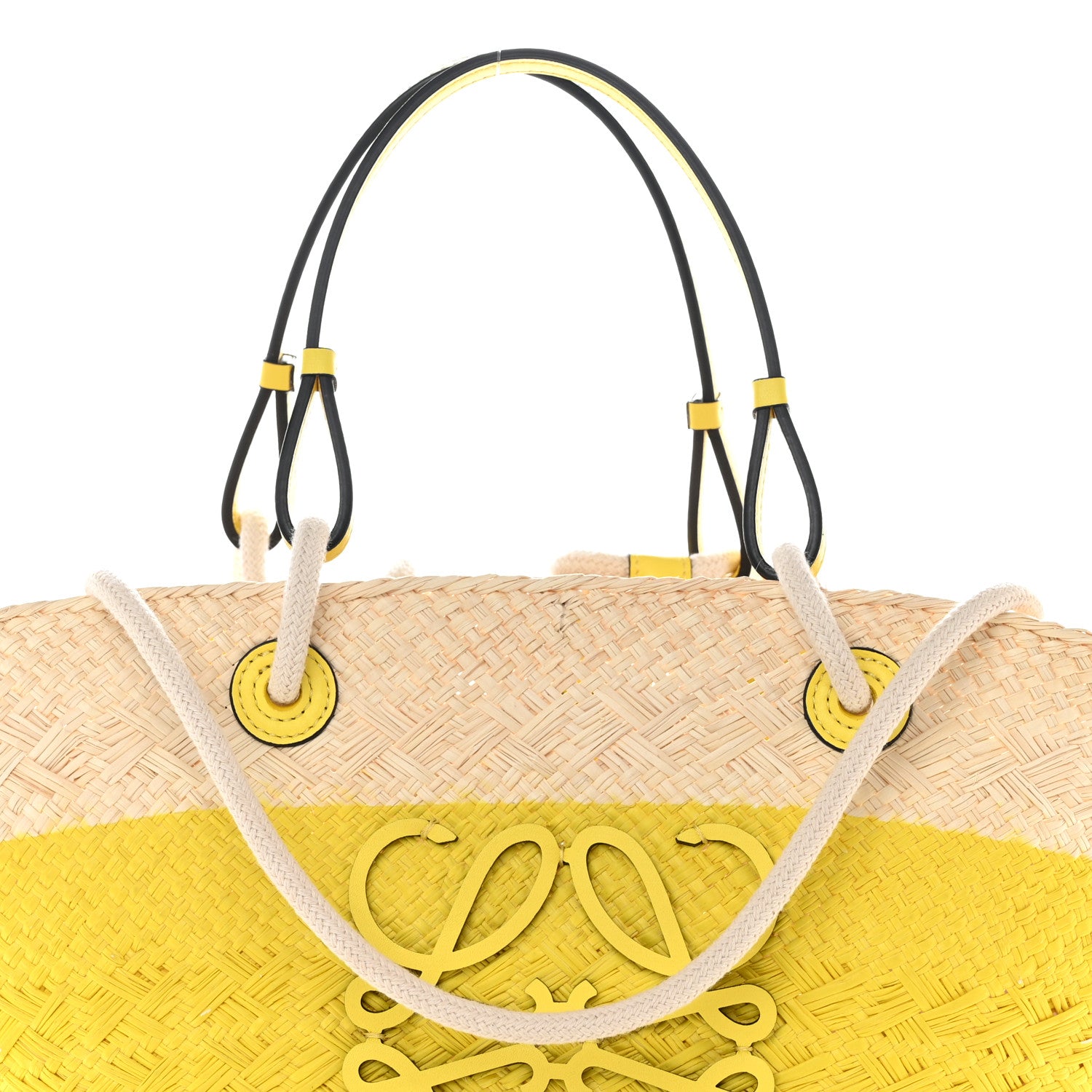 Loewe Calfskin Raffia Paulas Ibiza Medium Anagram Basket Tote Bag Natural Lemon 8 of 13