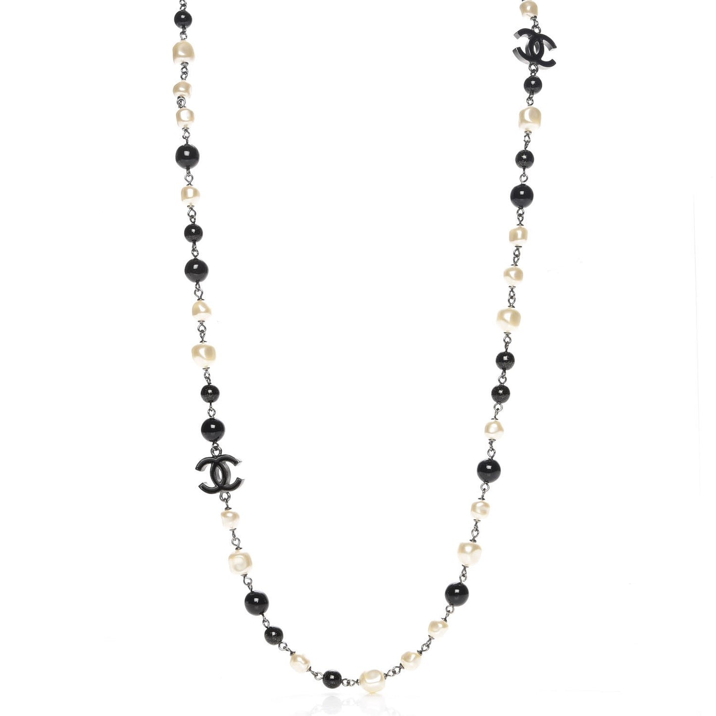 Baroque Pearl Bead Enamel CC Long Necklace Black Silver