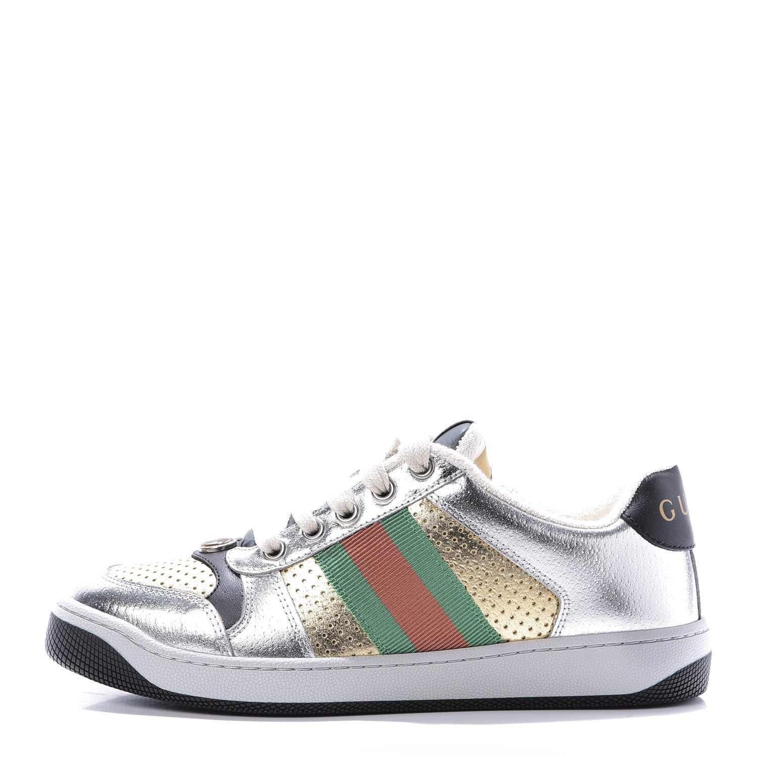 Gucci Metallic Calfskin Web Womens Screener Sneakers 35 Silver Gold Black 1 of 10