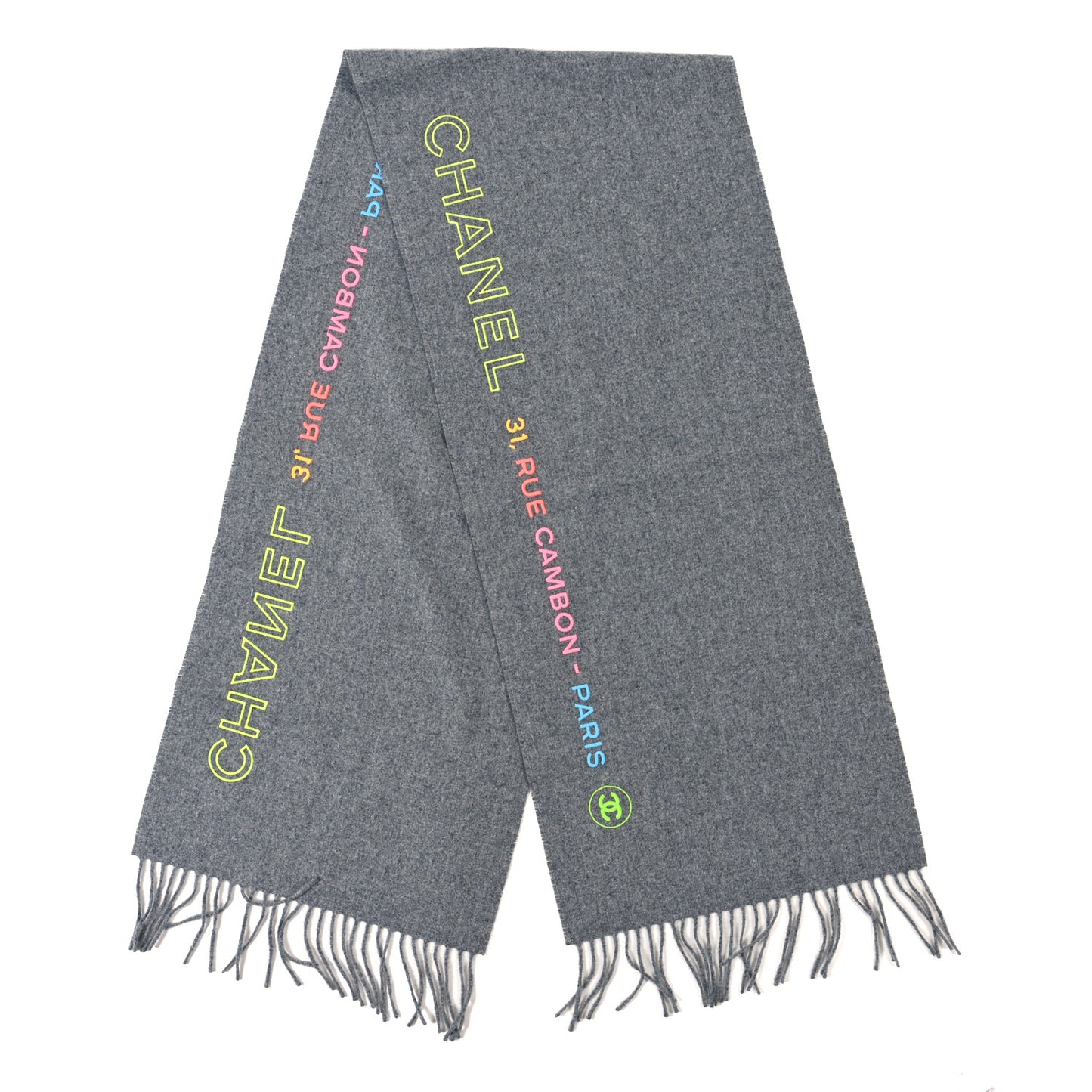 Cashmere Silk Logo Fringe Scarf Grey Multicolor