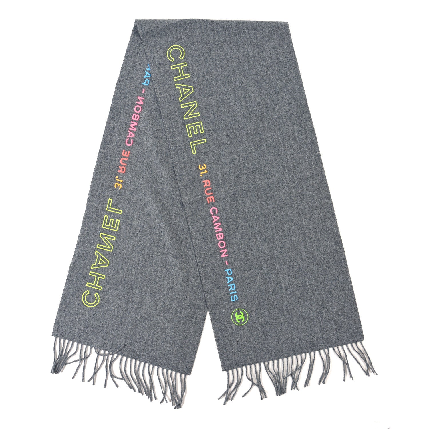 Chanel Cashmere Silk Logo Fringe Scarf Grey Multicolor 2 of 3